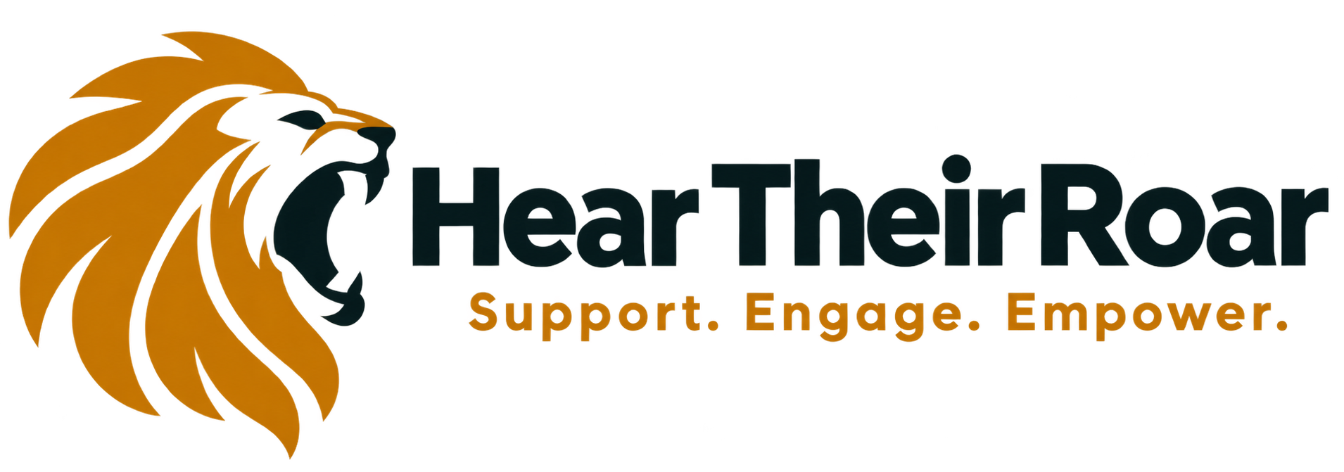 Hear Their Roar charity logo with roaring lion emblem and tagline Support Engage Empower